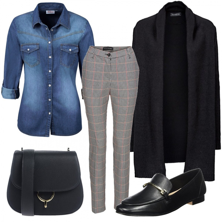 Outfit donna - Piccolo tocco di jeans. Stile Trendy per Tutti i giorni. Abbinamento con camicie, cardigans, vestiti lunghi, borsa a mano mini con zip interno foderato in pelle sintetica tinta unita, mocassini in pelle nero.