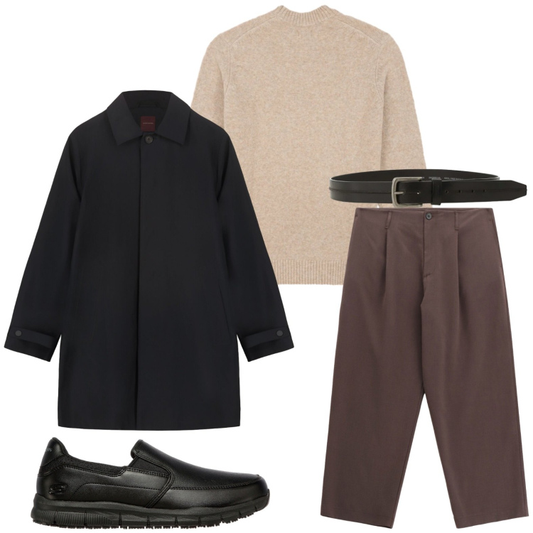 Outfit uomo - Gennaio in lana. Stile Casual per Ufficio. Abbinamento con pantaloni, cinture, scarpe stringate, parka, maglieria.