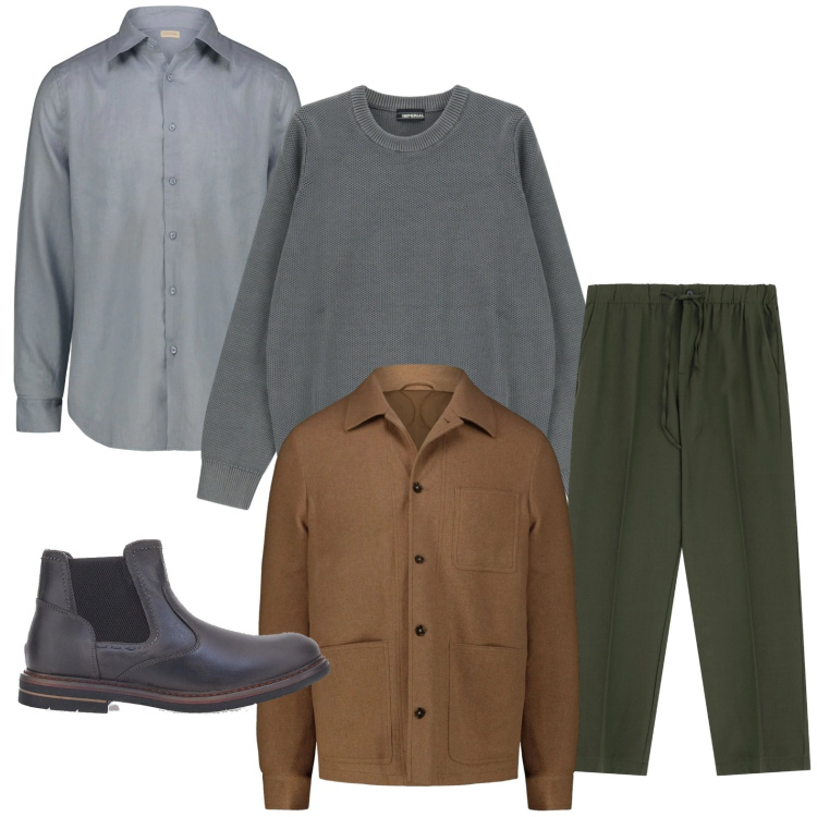 Outfit uomo - Look da rientro. Stile Casual per Ufficio. Abbinamento con pantaloni, pullovers, stivali e stivaletti, camicie, cappotti.
