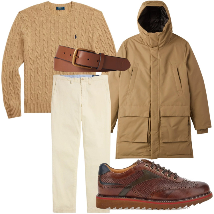 Outfit uomo - Gennaio in lana. Stile Casual per Ufficio. Abbinamento con parka, cinture, maglieria, pantaloni, scarpe stringate.