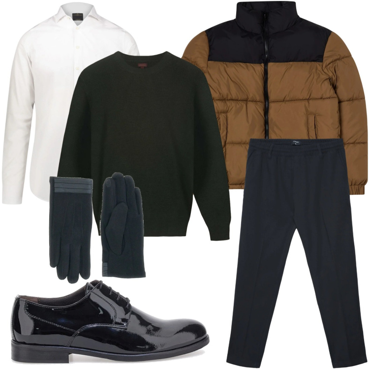 Outfit uomo - Look da rientro. Stile Casual per Ufficio. Abbinamento con bomber, pantaloni, camicie, scarpe stringate, maglieria, guanti.