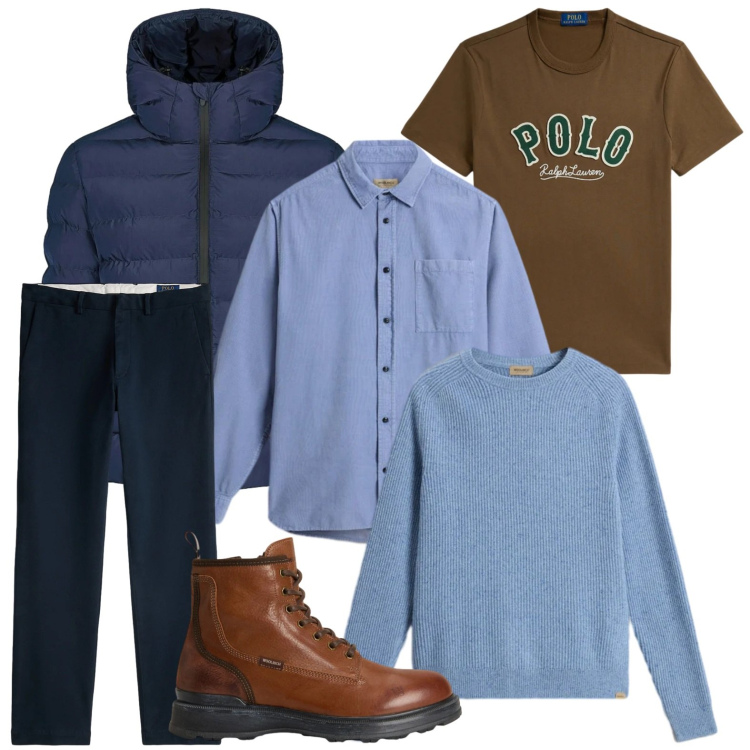 Outfit uomo - Layering d’inverno. Stile Trendy per Ufficio. Abbinamento con pantaloni chino, t-shirt, bomber, maglieria, anfibi, camicie.