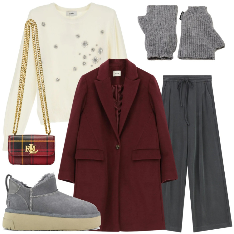 Outfit donna - Maglioni che abbracciano. Stile Casual per Tutti i giorni. Abbinamento con pochette, pantaloni a palazzo, maglieria, cappotti, guanti, stivali.