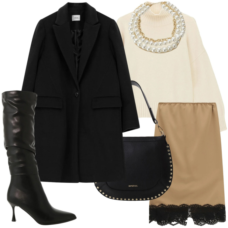 Outfit donna - Il cappotto nero. Stile Chic per Serata fuori. Abbinamento con stivali sopra il ginocchio, borse a spalla, maglieria, gonne longuette, collane, cappotti.