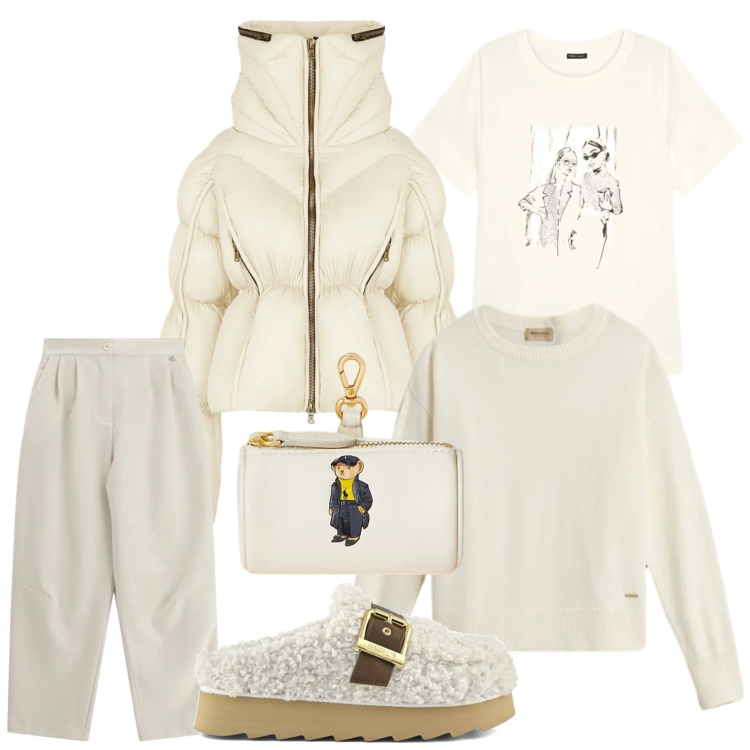 Outfit donna - Tonalità panna e burro. Stile Basic per Tutti i giorni. Abbinamento con portamonete, pantaloni a palazzo, piumini, maglieria, sabot, t-shirt.