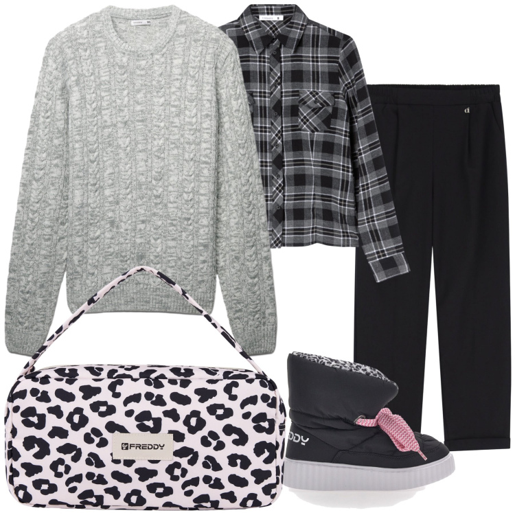 Outfit donna - Caldamente sportiva e chic. Stile Casual chic per Tutti i giorni. Abbinamento con camicie, pullovers, borse a spalla, pantaloni, stivaletti.