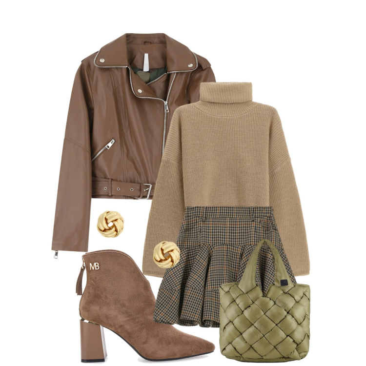 Outfit donna - Total look #2311313. Stile Casual chic per Tutti i giorni. Abbinamento con giacche, maglieria, minigonne, orecchini, borse tote, stivaletti.