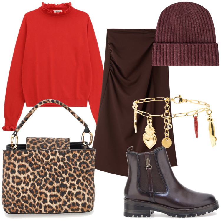 Outfit donna - Buon confortevole anno. Stile Urban per Tutti i giorni. Abbinamento con berretti, gonne lunghe, braccialetti, maglieria, stivaletti chelsea, borse a mano.