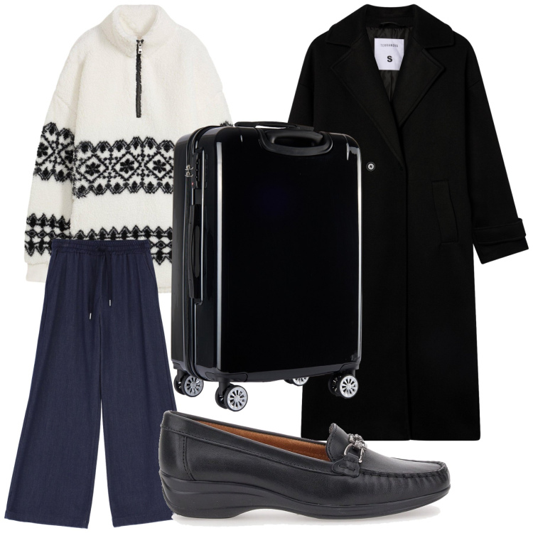 Outfit donna - Viaggio elegante ma sportivo. Stile Trendy per Tutti i giorni. Abbinamento con maglieria, cappotti, jeans, valigie, mocassini.