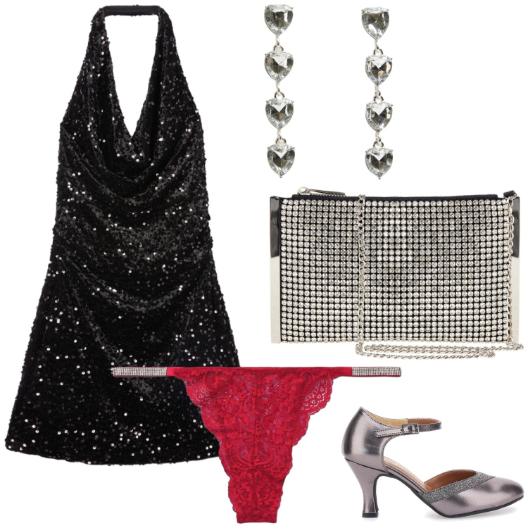 Outfit donna - Happy new year!!!. Stile Glamour per Serata fuori. Abbinamento con orecchini, culotte, vestiti corti, pochette, décolleté.