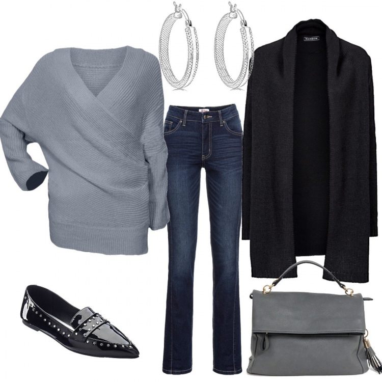 Outfit donna - Blazer nero. Stile Basic per Tutti i giorni. Abbinamento con cardigans, jeans elasticizzato taglio dritto, mocassini, maglia a maniche lunghe, vestito cartella con manico e zip, orecchini ipoallergenico argento e bianco.