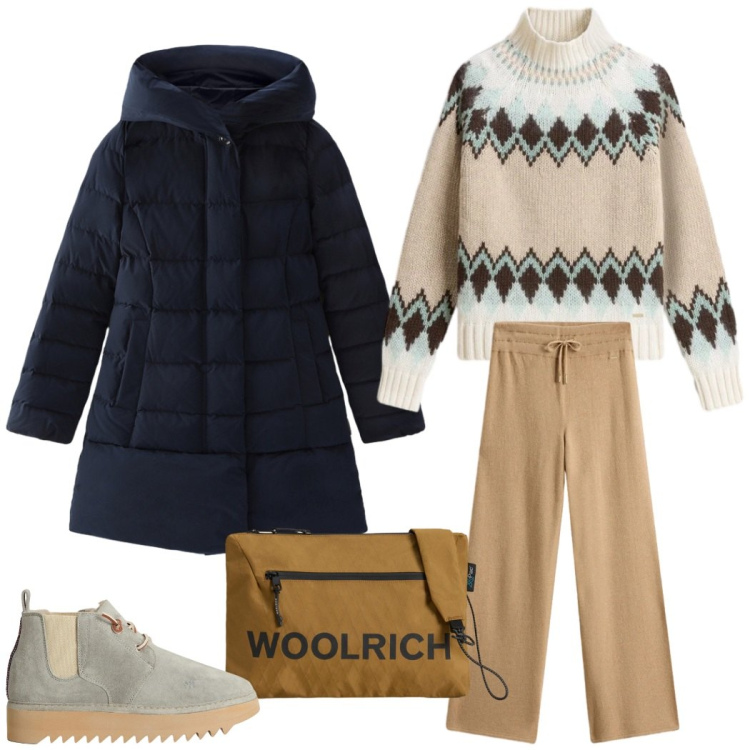 Outfit donna - Total look #2311357. Stile Casual chic per Tutti i giorni. Abbinamento con borse a tracolla, pantaloni, stivaletti, maglieria, parka.
