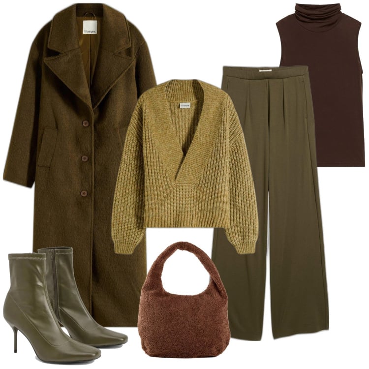 Outfit femme - Kaki Janvier. Style Casual chic pour Tous les jours. Assortir avec pulls, pantalon large en bas, soutiens-gorge, sac cabas, manteaux, bottines.