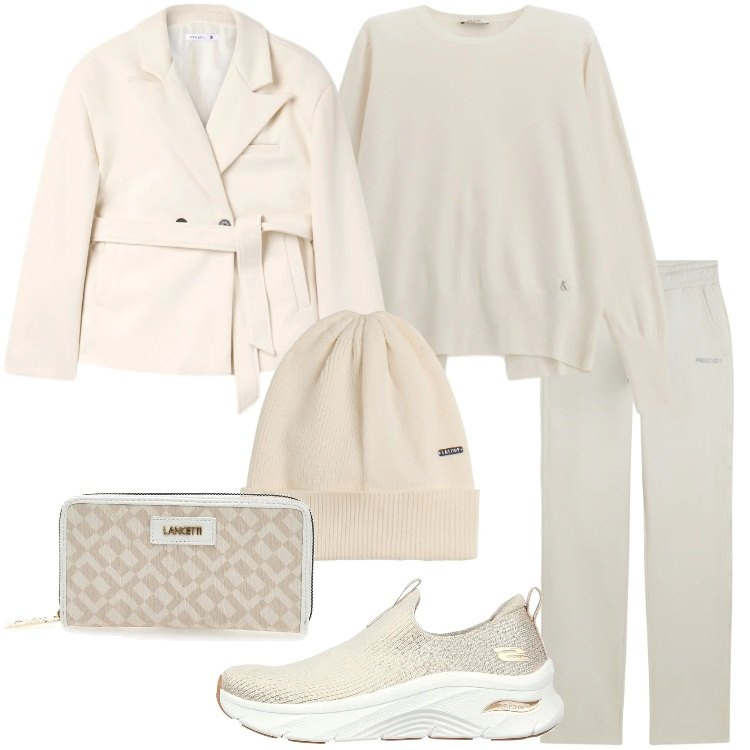 Outfit donna - Tonalità panna e burro. Stile Minimal per Tutti i giorni. Abbinamento con blazer, pantaloni, berretti, maglieria, portafogli, sneakers.
