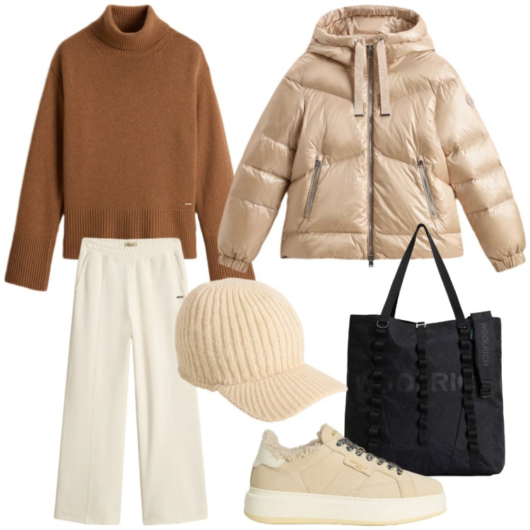 Outfit donna - Total look #2311362. Stile Casual chic per Tutti i giorni. Abbinamento con borse tote, piumini, pantaloni, sneakers, cappelli, maglieria.