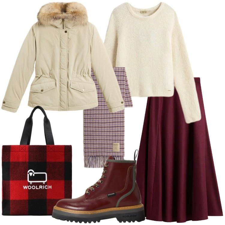 Outfit donna - Saldi Invernali Woolrich. Stile Trendy per Tutti i giorni. Abbinamento con borse tote, anfibi, gonne lunghe, maglieria, sciarpe, blazer.