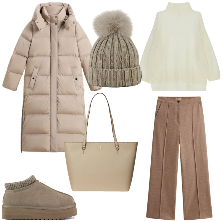 Outfit donna - Il maglione candido. Stile Sporty chic per Tutti i giorni. Abbinamento con maglieria, borse tote, berretti, pantaloni, parka, sabot.