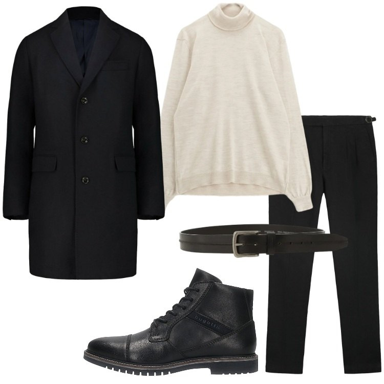 Outfit uomo - Look da rientro. Stile Business/Elegante per Ufficio. Abbinamento con maglieria, cinture, anfibi, cappotti, pantaloni.