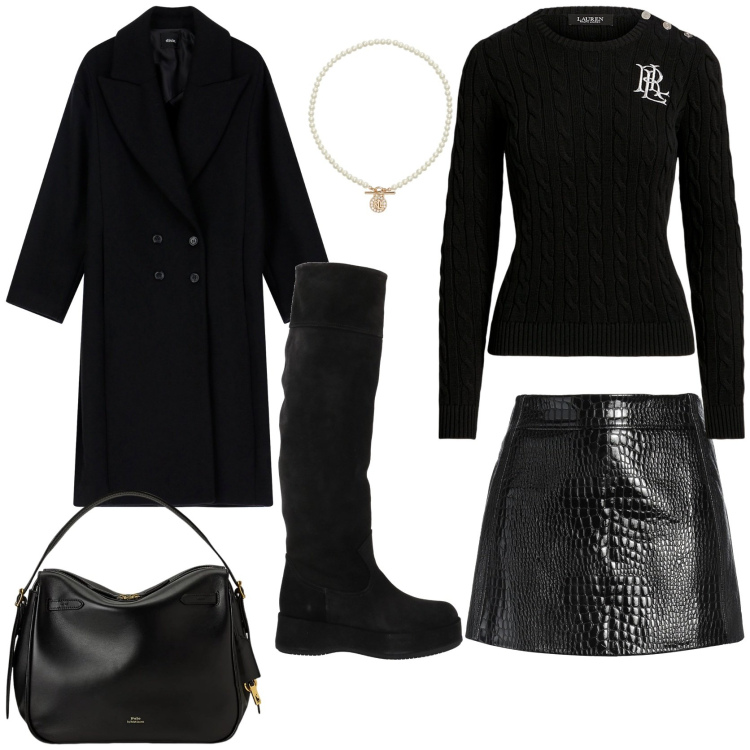 Outfit donna - Il cappotto nero evergreen. Stile Chic per Tutti i giorni. Abbinamento con stivali, minigonne, cappotti, ciondoli, maglieria, borse a mano.