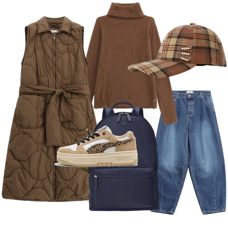 Outfit donna - Please - Saldi FW 2025. Stile Casual per Scuola/Università. Abbinamento con maglieria, jeans, blazer, cappelli con visiera, zaini, sneakers.