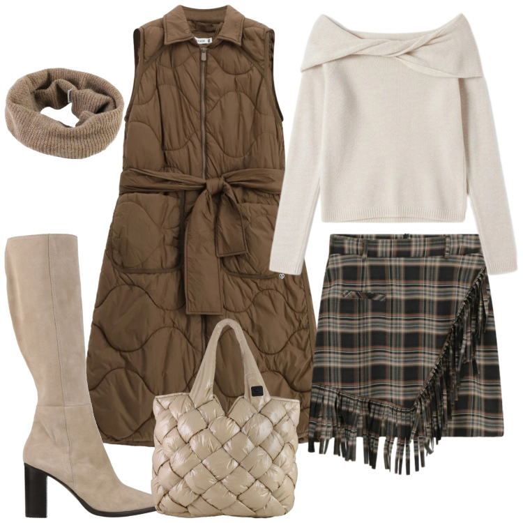 Outfit donna - Eleganza Calda nei Toni della Terra. Stile Bon Ton per Tutti i giorni. Abbinamento con stivali, blazer, minigonne, borse tote, scaldacollo, maglieria.