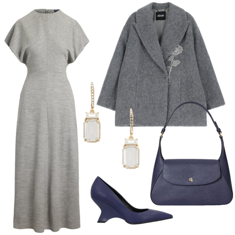 Outfit donna - Winter in Soft Grey. Stile Glamour per Serata fuori. Abbinamento con décolleté, cappotti, borse a spalla, vestiti, orecchini.