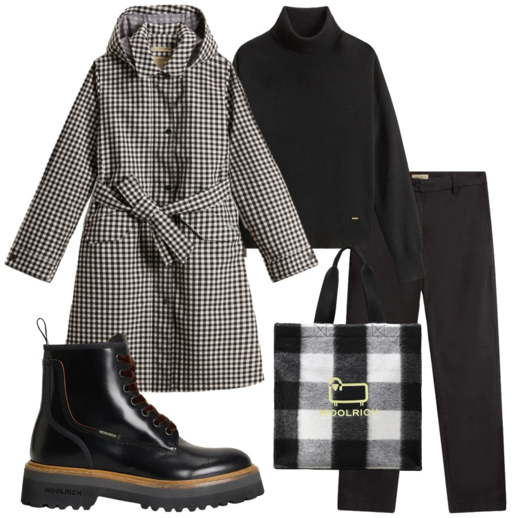 Outfit donna - Saldi Woolrich. Stile Casual chic per Tutti i giorni. Abbinamento con borse tote, trench, maglieria, pantaloni, anfibi.