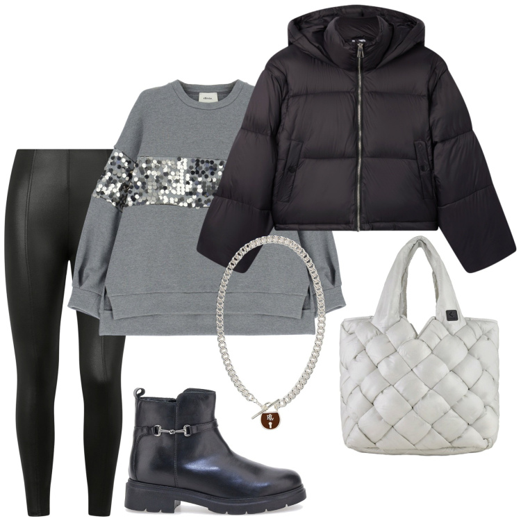 Outfit donna - Winter in Soft Grey. Stile Urban per Tutti i giorni. Abbinamento con bomber, pantaloni skinny, ciondoli, felpe, borse tote, stivaletti chelsea.