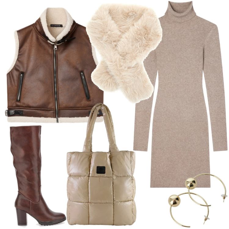 Outfit donna - Un nuovo anno, un nuovo stile. Stile Glamour per Serata fuori. Abbinamento con piumini, vestiti corti, orecchini, shopping bag, sciarpe, stivali.