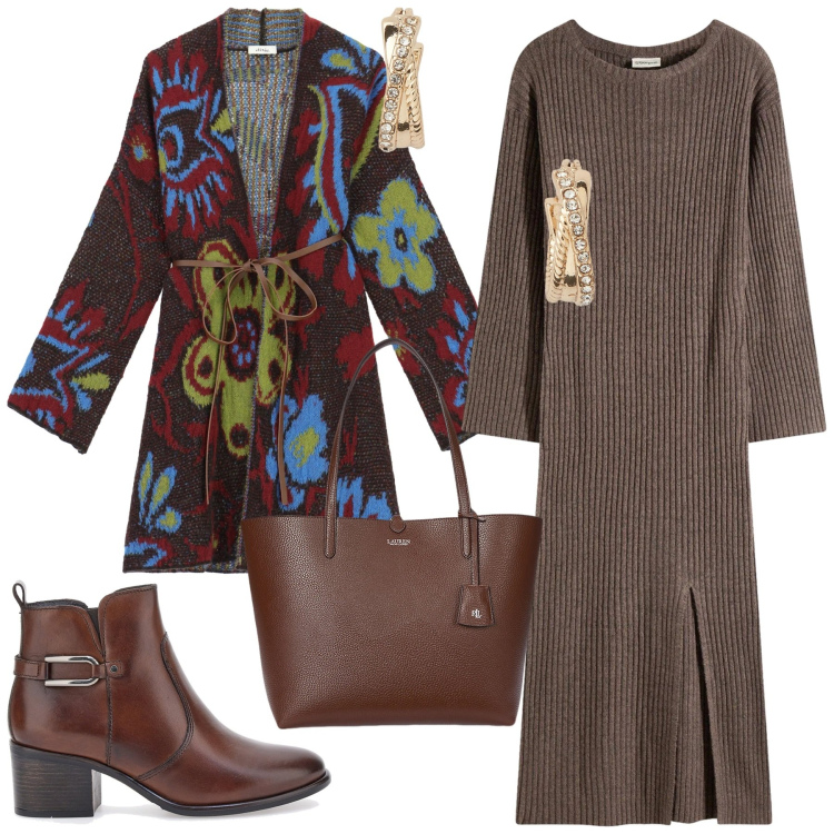 Outfit donna - Total look #2311407. Stile Etnico per Tutti i giorni. Abbinamento con vestiti, cardigans, orecchini, borse tote, stivaletti.