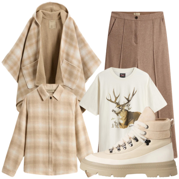 Outfit donna - Total look #2311421. Stile Glamour per Tutti i giorni. Abbinamento con cappe, pantaloni, t-shirt, camicie, anfibi.