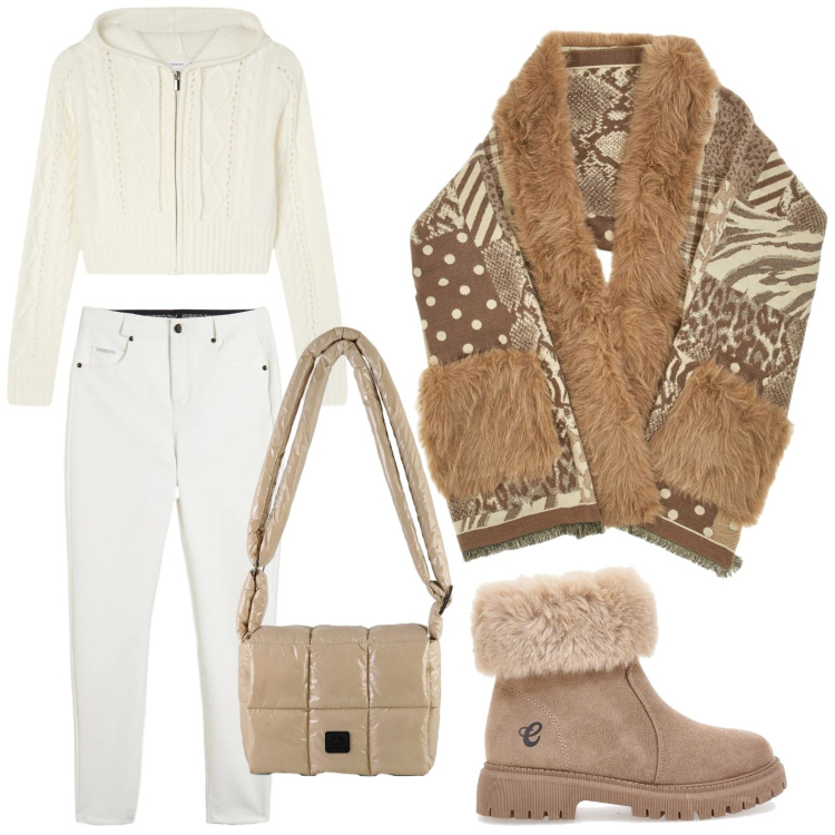 Outfit donna - Confortevole sotto la neve. Stile Sporty chic per Tutti i giorni. Abbinamento con cardigans, pantaloni skinny, borse a spalla, stivaletti, cappe.