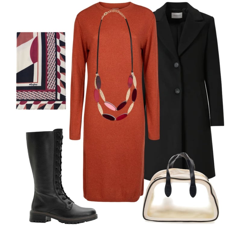 Outfit donna - Una cioccolata con le amiche. Stile Trendy per Tutti i giorni. Abbinamento con stivali, cappotti, vestiti midi/longuette, collane, borse sportive, foulard.