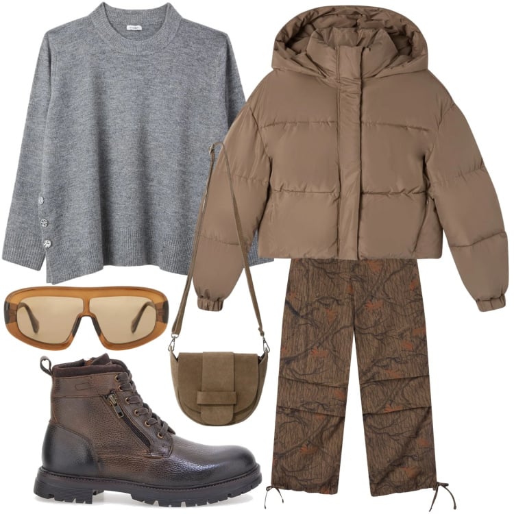 Outfit donna - Il fascino del knitwear oversize. Stile Urban per Tutti i giorni. Abbinamento con maglieria, bomber, pantaloni cargo, occhiali da sole, borse a tracolla, anfibi.