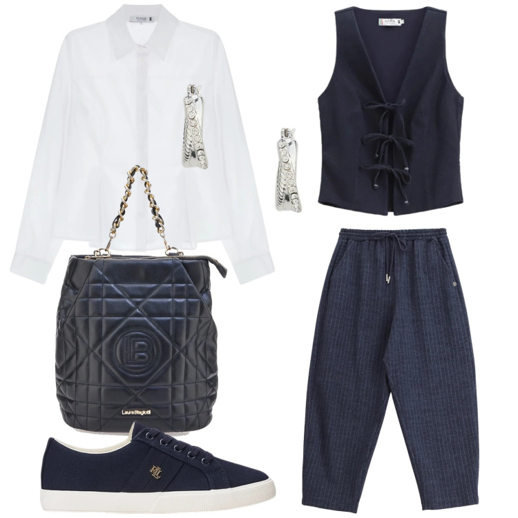 Outfit donna - Please - Saldi FW 2025. Stile Trendy per Ufficio. Abbinamento con jeans, camicie, gilet, sneakers, orecchini, zaini.