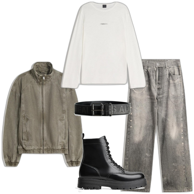 Outfit hombre - Urban #9. Estilo Urban para Todos los días. Combinación con vaqueros, botas y botines, chaquetas, cinturones, camiseta.