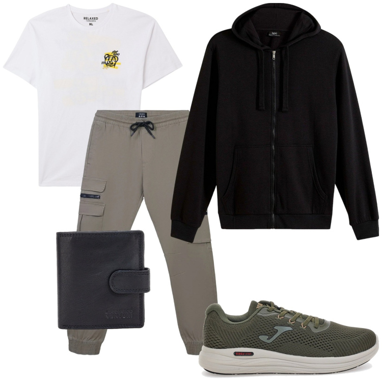 Outfit uomo - A far la spesa. Stile Casual per Tutti i giorni. Abbinamento con felpe con cappuccio, t-shirt, pantaloni cargo, portafogli, sneakers.