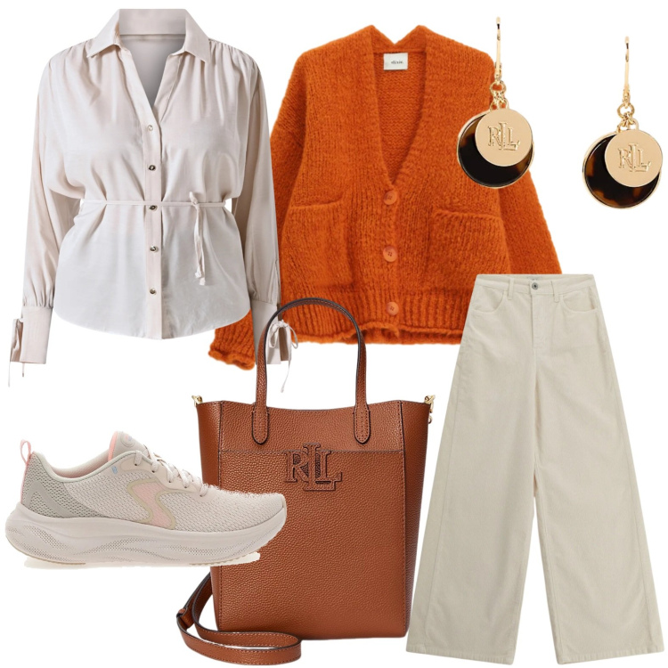 Outfit donna - Il fascino del knitwear oversize. Stile Minimal per Ufficio. Abbinamento con camicie, pantaloni a palazzo, cardigans, borse tote, orecchini, sneakers.