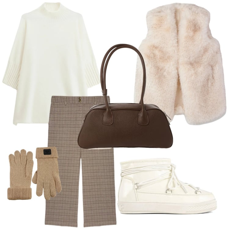Outfit donna - Confortevole sotto la neve. Stile Minimal per Ufficio. Abbinamento con piumini, maglieria, borse a mano, guanti, pantaloni, stivali da neve.