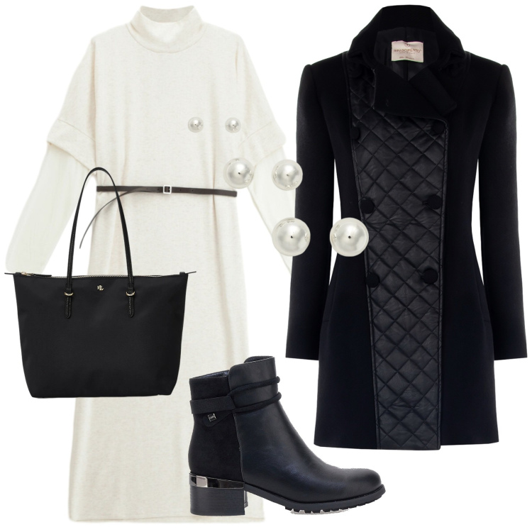 Outfit donna - Il cappotto nero. Stile Romantica per Serata fuori. Abbinamento con cappotti, vestiti midi/longuette, borse tote, orecchini, stivaletti.