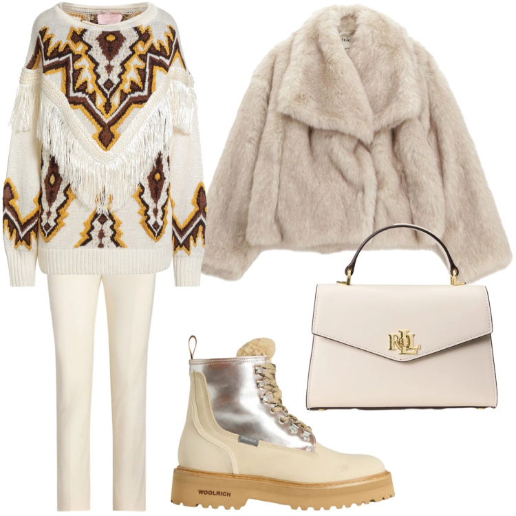 Outfit donna - Confortevole sotto la neve. Stile Casual per Ufficio. Abbinamento con pullovers, blazer, borse a mano, pantaloni, anfibi.