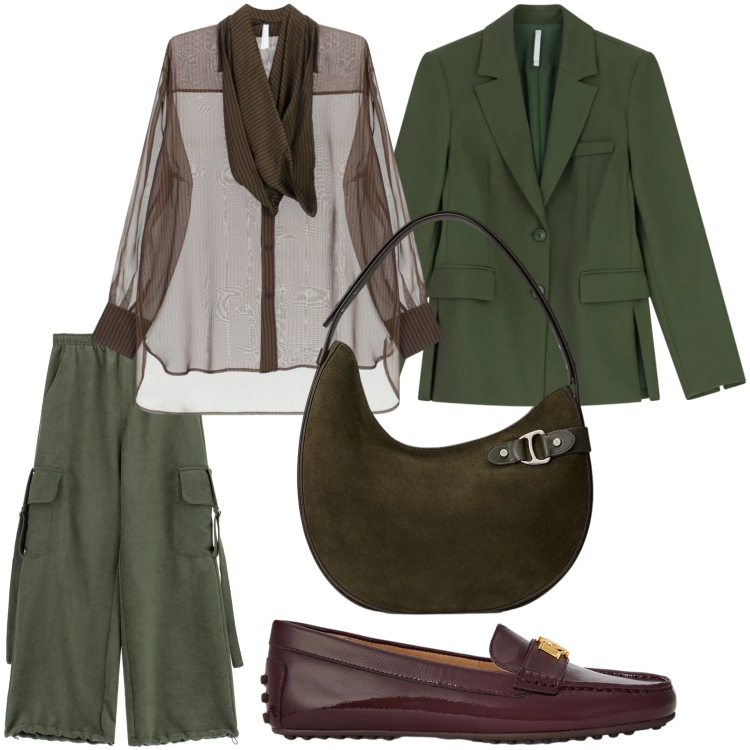 Outfit donna - Imperial - Saldi FW 2025. Stile Military per Ufficio. Abbinamento con camicie, blazer, pantaloni a palazzo, mocassini, borse a spalla.