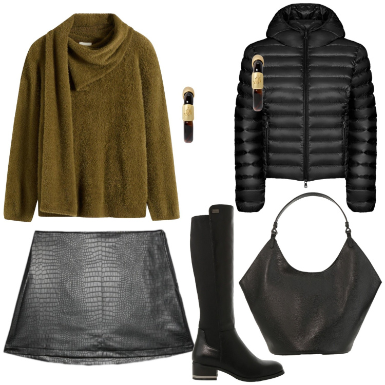 Outfit donna - Total look #2311464. Stile Casual chic per Ufficio. Abbinamento con maglieria, stivali sopra il ginocchio, orecchini, borse a spalla, bomber, minigonne.