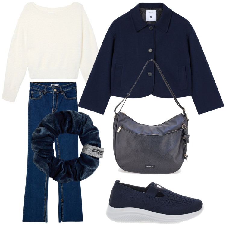 Outfit donna - Best shop. Stile Casual per Tutti i giorni. Abbinamento con maglieria, blazer, jeans dritti, accessori per capelli, sneakers, borse a spalla.