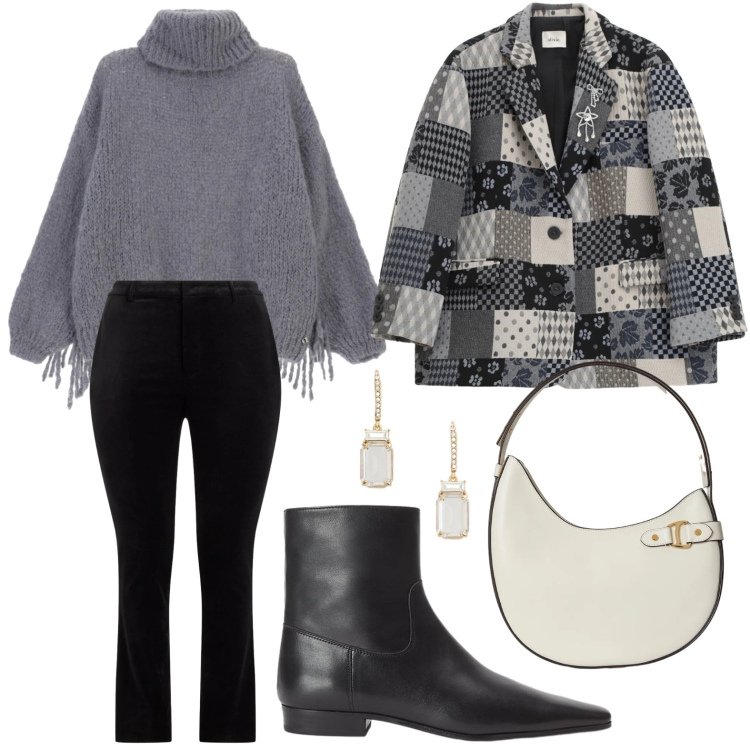 Outfit donna - Maglioni che abbracciano. Stile Basic per Ufficio. Abbinamento con maglieria, blazer, stivaletti, pantaloni, borse a spalla, orecchini.