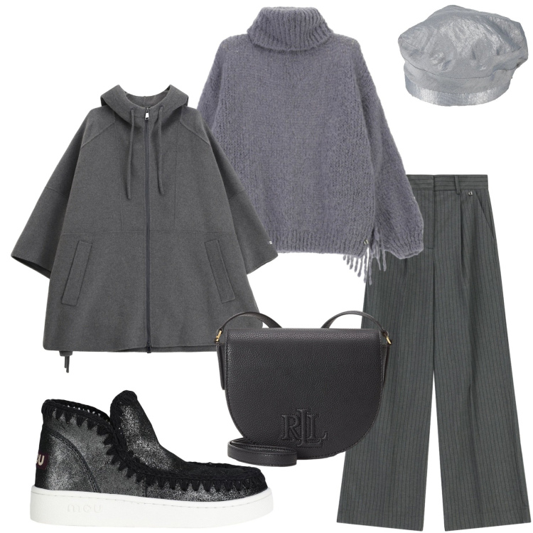 Outfit donna - Grey soft. Stile Casual chic per Tutti i giorni. Abbinamento con stivaletti, cappelli e berretti, maglieria, cappotti, pantaloni a palazzo, borse a tracolla.