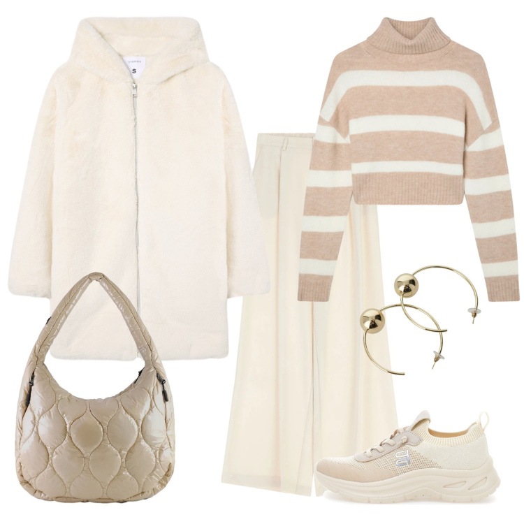 Outfit donna - Total look #2311470. Stile Casual chic per Ufficio. Abbinamento con maglieria, cappotti, pantaloni a palazzo, orecchini, borse tote, sneakers.