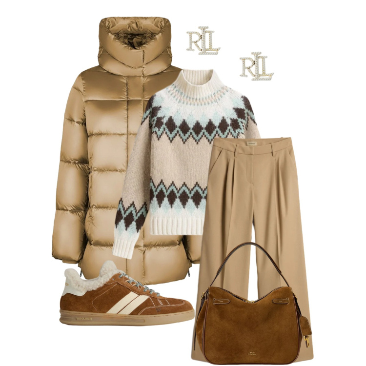 Outfit donna - Total look #2311472. Stile Casual per Tutti i giorni. Abbinamento con orecchini, borse a mano, piumini, maglieria, pantaloni, sneakers.