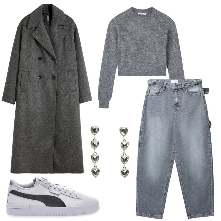Outfit donna - Grigio in città. Stile Urban per Tutti i giorni. Abbinamento con cappotti, sneakers, jeans, maglieria, orecchini.