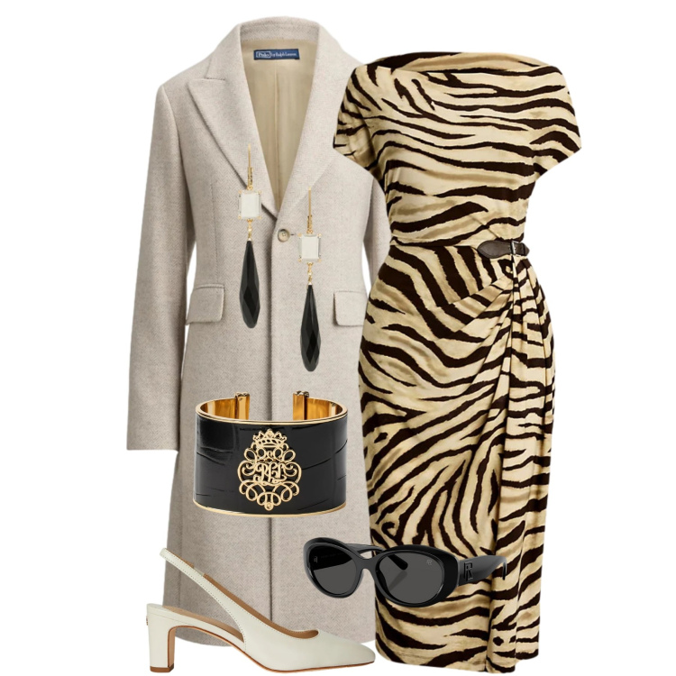 Outfit donna - Chic con grinta. Stile Chic per Serata fuori. Abbinamento con occhiali da sole, décolleté, orecchini, braccialetti, vestiti, cappotti.